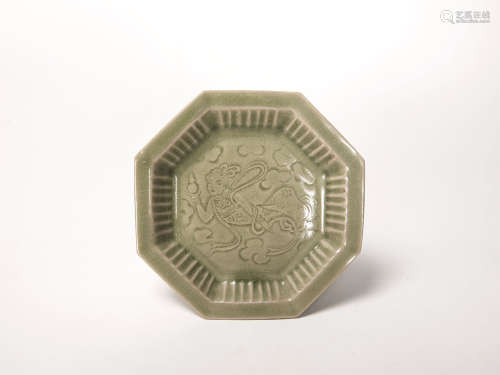 宋代-耀州窯印飛天紋八角盤