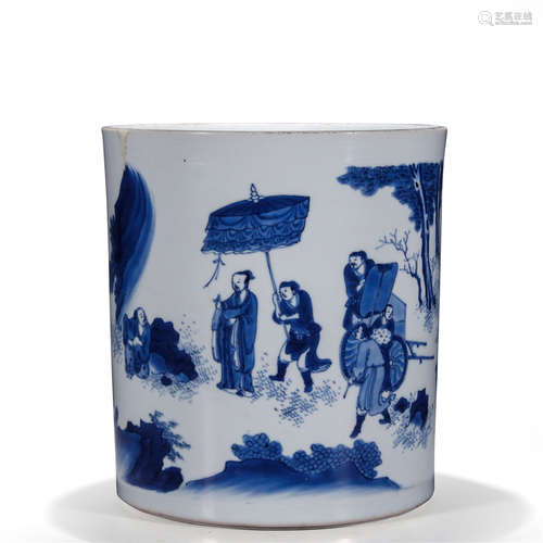 A Chinese Porcelain Blue And White Brush Pot Of Story Painting