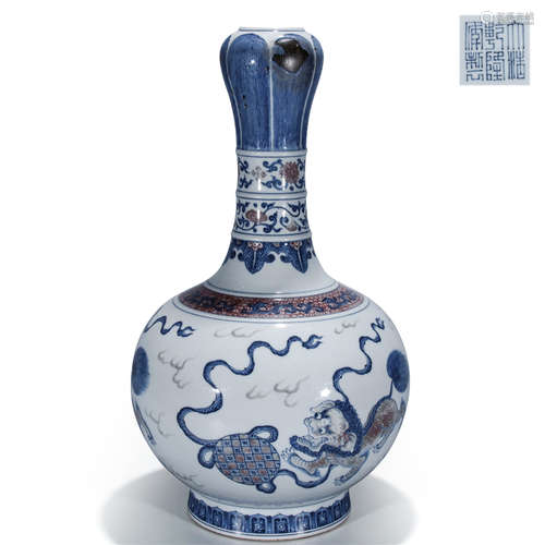 A Chinese Porcelain Blue And White Underglazed Red Vase Of Lion Pattern