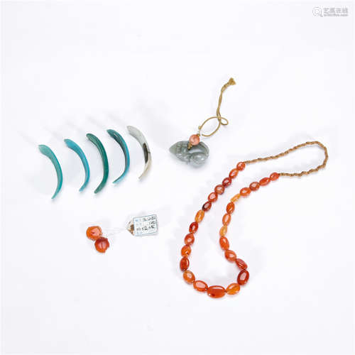 Set Of Chinese Pendants Of Red Agate, Jade And Glass Ware