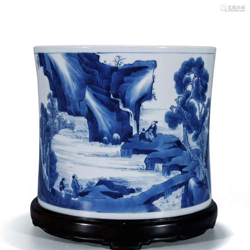 A Chinese Porcelain Blue And White Brush Pot Of Landscape Painting