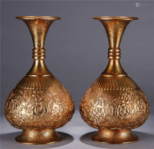 Pair Of Chinese Gilt Silver Vases Of Floral Carving