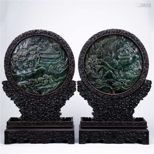 Pair Of Chinese Jasper Screens With Story Carving