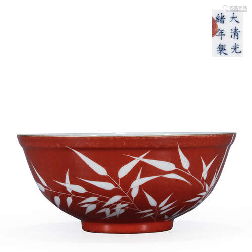 Daqing-Guangxu-Nianzhi Mark Red Galze Bamboo Pattern Bowl