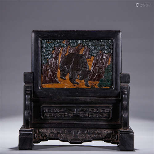 A Chinese Lacquerware Screen With Bear Carving