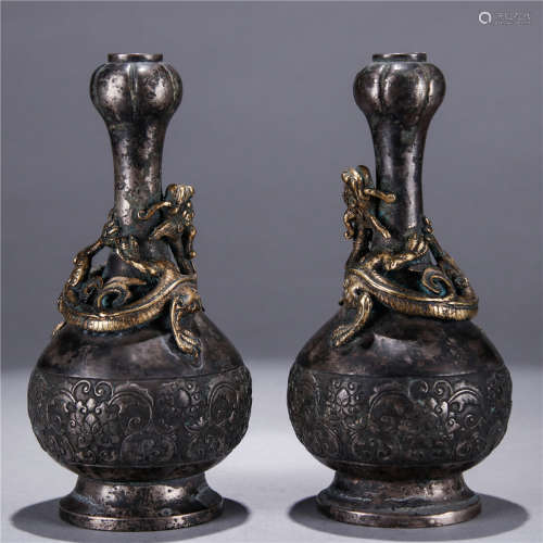 Pair Of Chinese Silver Vases With Gilt Bronze Dragon