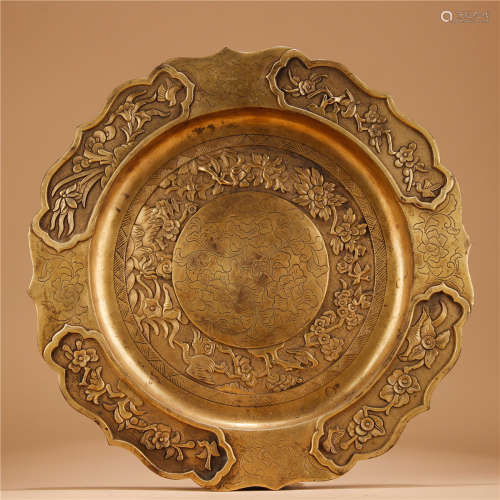 A Chinese Gilt Bronze Plate Of Floral&Bird Patterns