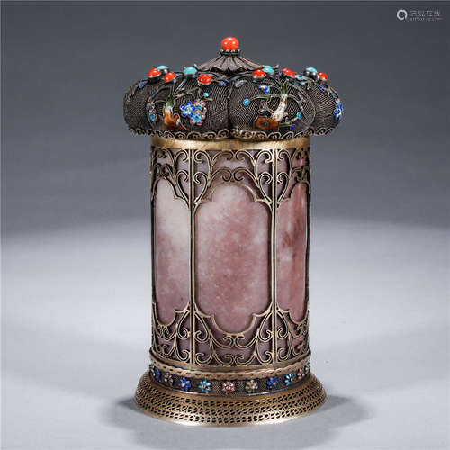 A Chinese Gilt Silver Tube Embeded Gems&Jade