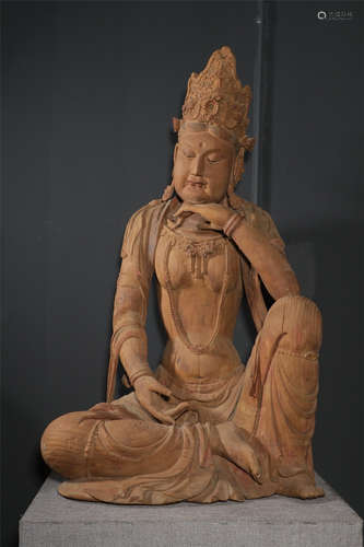 A Chinese Wood Guanyin Ornament With Painting