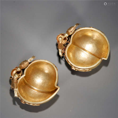 Pair Of Chinese Gold Ornaments Of Peach Shaped With Bird