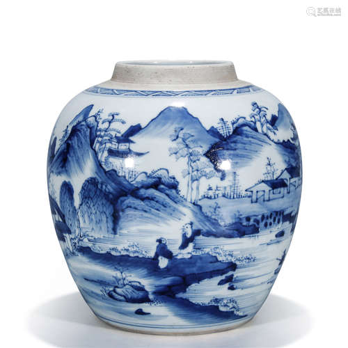 A Chinese Porcelain Blue And White Jar Of Landscape&Figure Painting