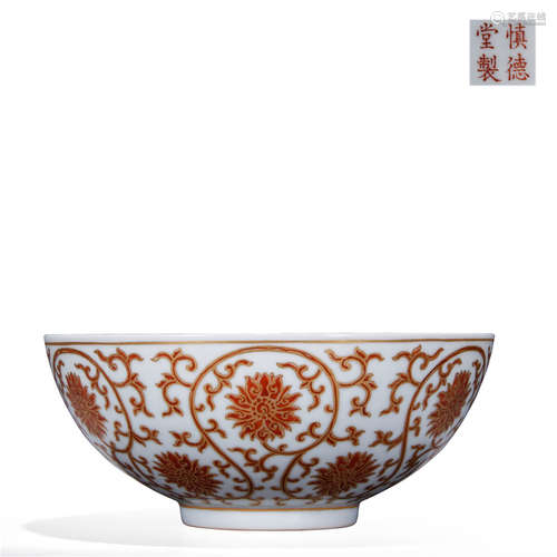 A Chinese Porcelain Alum Red Bowl With Golden Floral Painting