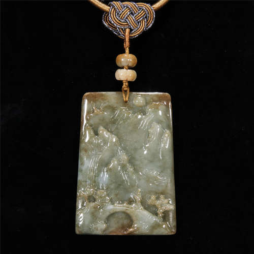 Jade carving landscape and figure pendant