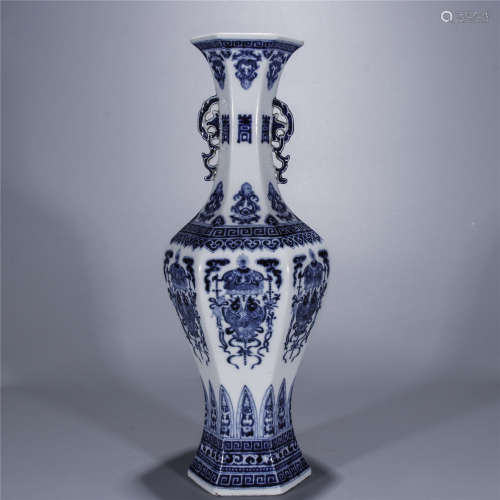 Qing Dynasty, QIAN LONG, blue and white hexagonal double ear porcelain vase