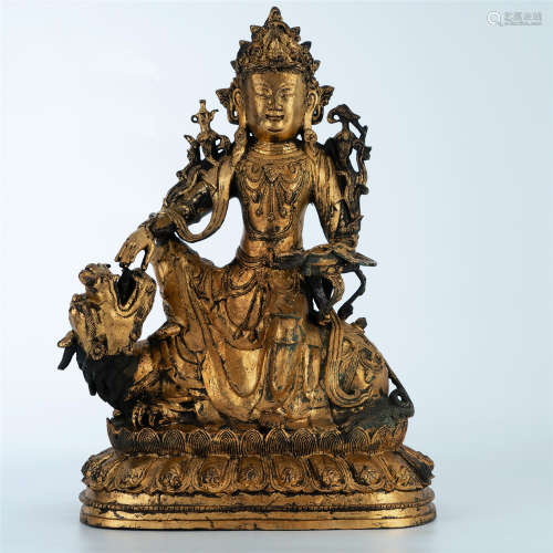 Ming Dynasty, copper statue of GUAN YIN buddha sitting on a lion