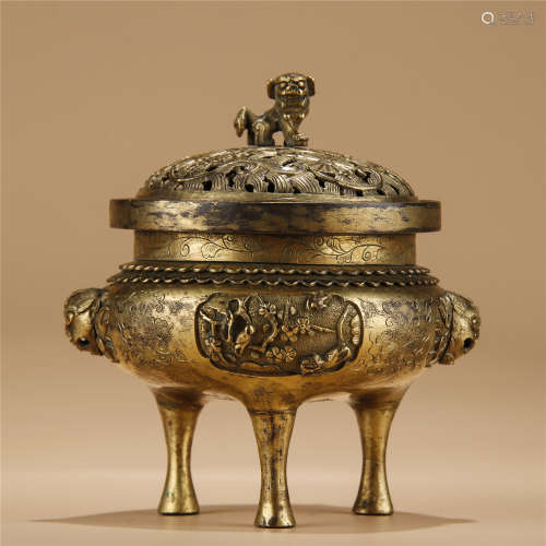 Bronze gilt hollow-out flower and birds carving lion ear incense burner