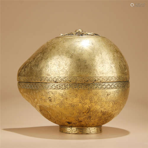 Qing Dynasty, QIAN LONG, bronze gilt flower pattern peach shape cover box