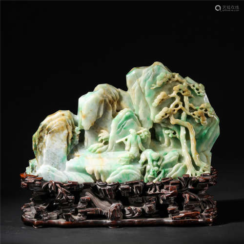 Qing Dynasty, Jadeite carving of figures with redwood base