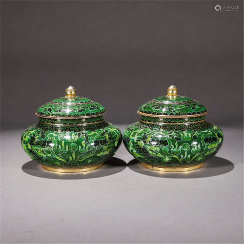 A pair of copper cloisonne two dragin playing bead cover jars
