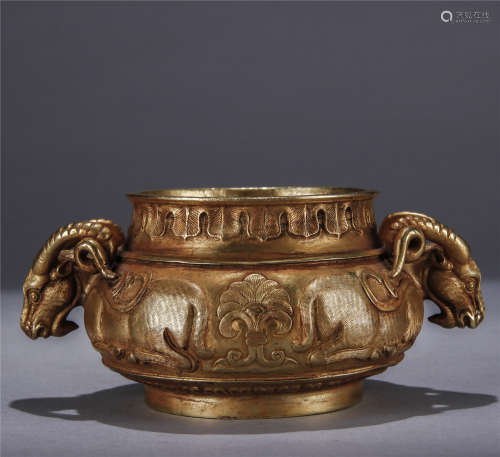 Ming Dynasty, Bronze gilt double sheep ears censer