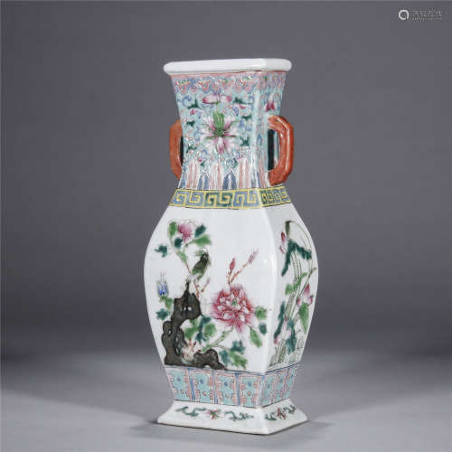 Qing Dynasty, famille rose flower and birds double ear porcelain vase