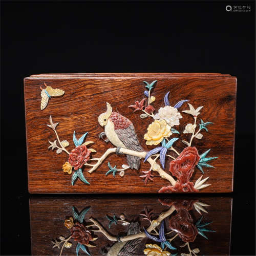 Huang Hua Li wood inlaid flower and bird jewelry box