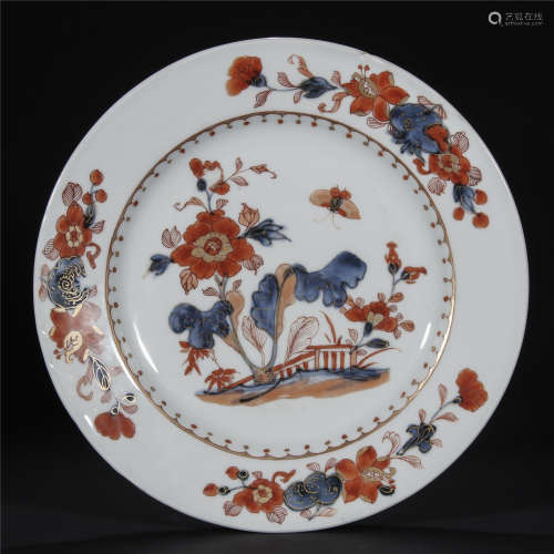 Qing Dynasty, blue and white gold painting flower pattern porcelain plate