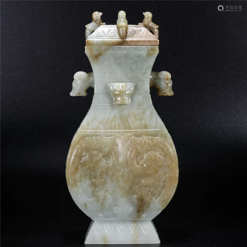 Blue jade bottle carved with gluttonous pattern