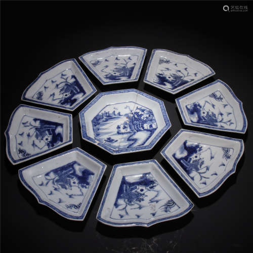 A set of 9 blue and white lanscape and figure porcelain plates