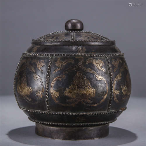 Ming Dynasty, Partly gilt silver covered vase carved with eighteen Arhats.