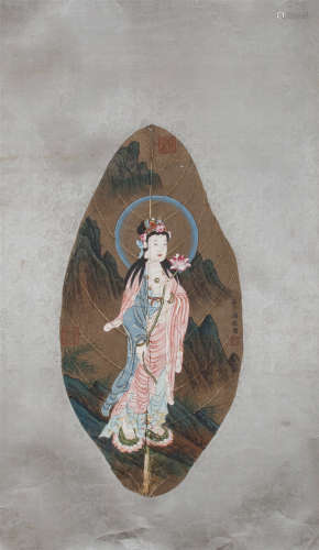 Bodhi leaf painted GUAN YIN buddha holding lotus