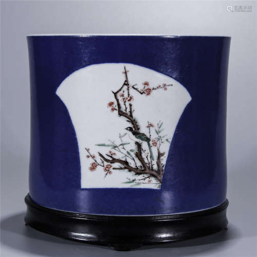 Qing Dynasty, KANG XI, Bright blue glaze flower bird maid character pen holder
