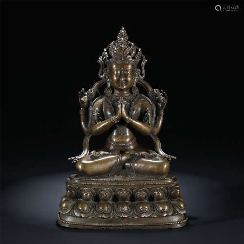 18th century, Alloy copper seated statue of four-armed GUAN YIN buddha