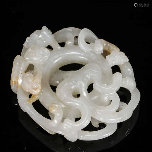 White jade hollow-out dragon carving pendant