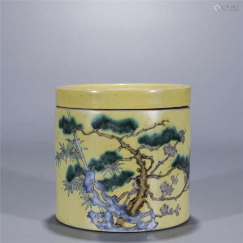 Qing Dynasty, Yellow glaze famille rose pine and bamboo plum porcelain can