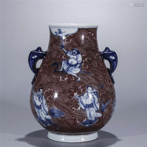 Qing Dynasty, QIAN LONG, Blue and white red glaze The eight immortals painting vase