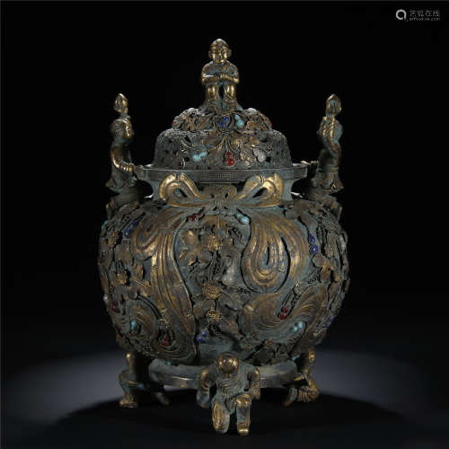 Partly gilt silver inlaid with treasures tripodia censer
