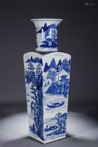 Qing Dynasty, DAO GUANG, blue and white lanscape figure square porcelain vase