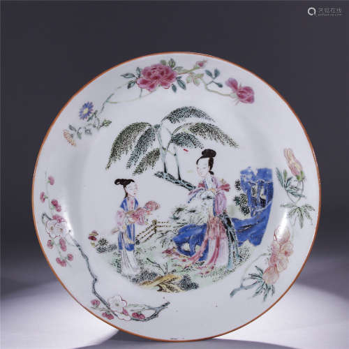 Qing Dynasty, famille rose porcelain plate with figure and flower drawing