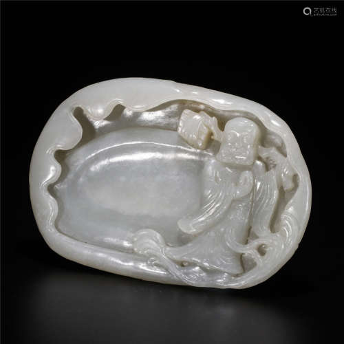 White jade carving Bodhidharma crossing sea ink stone