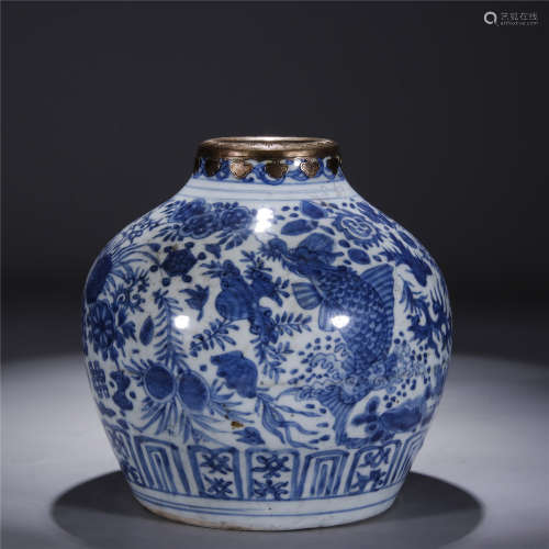 Ming Dynasty, WAN LI, Blue and white fish dragon pattern porcelain vase