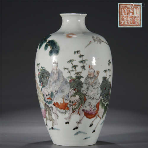 Min Guo, Famille rose figure and stories drawing porcetain vase