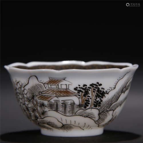 Ink painted gold drawing of landscape and figure porcelain cup