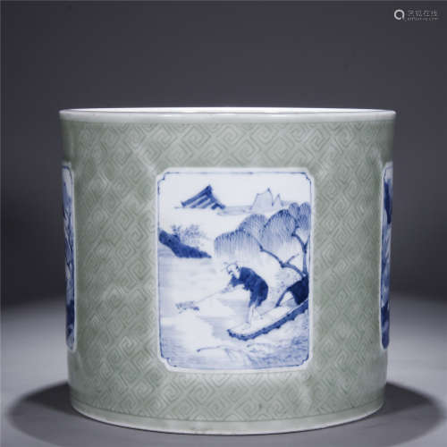 Qing Dynasty, KANG XI,  Green glaze blue and white landscape and figure bursh holder