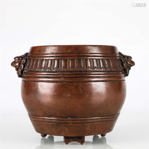 Copper lion ear censer, DA MING XUAN DE mark.