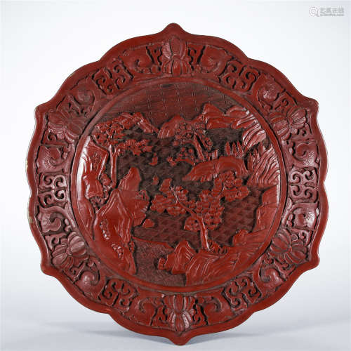 Copper red lacquer carving landscape plate
