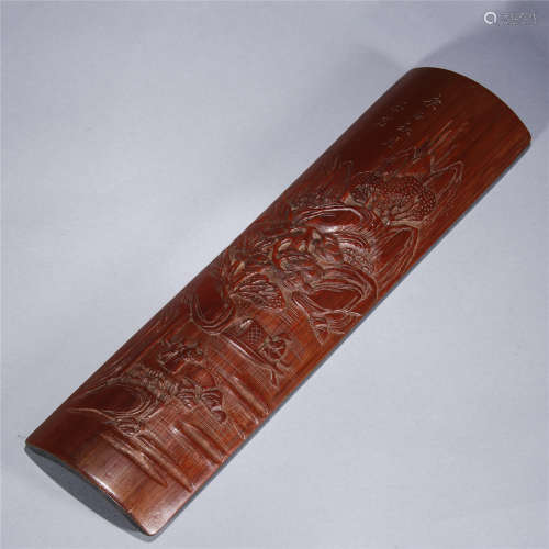Early Qing Dynasty, ZHOU ZHI YAN mark, bamboo carving of landscape and figure arm rest