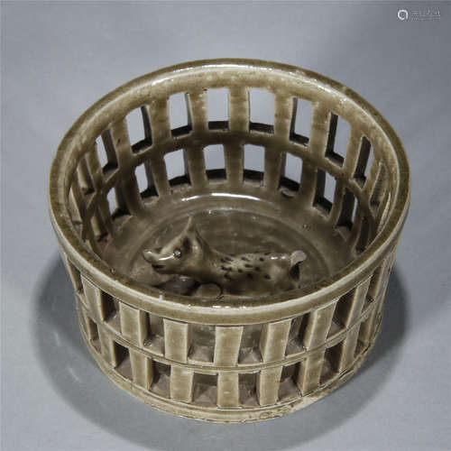 Celadon porcelain dog statue in cage