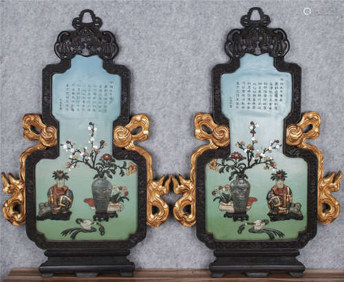 Qing Dynasty, QIAN LONG, A pair of blue ground treasure inlay hanging screens