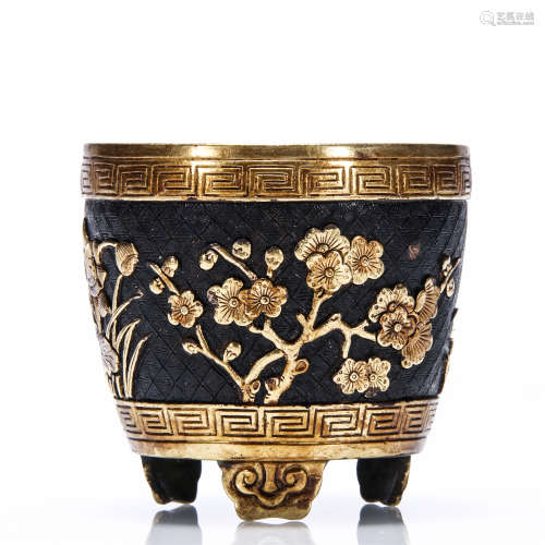 HU WEN MING style partly gilt copper flower pattern tripodia censer